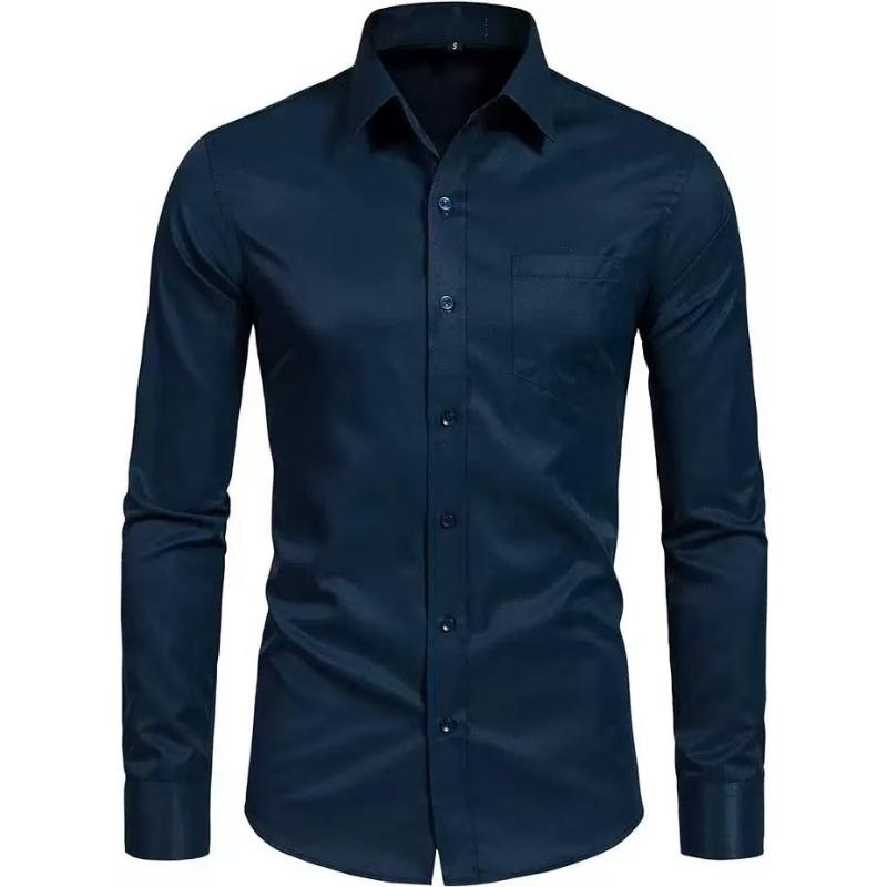 Men Non Iron Four Way Stretch Solid Business Casual Long Sleeve Shirt