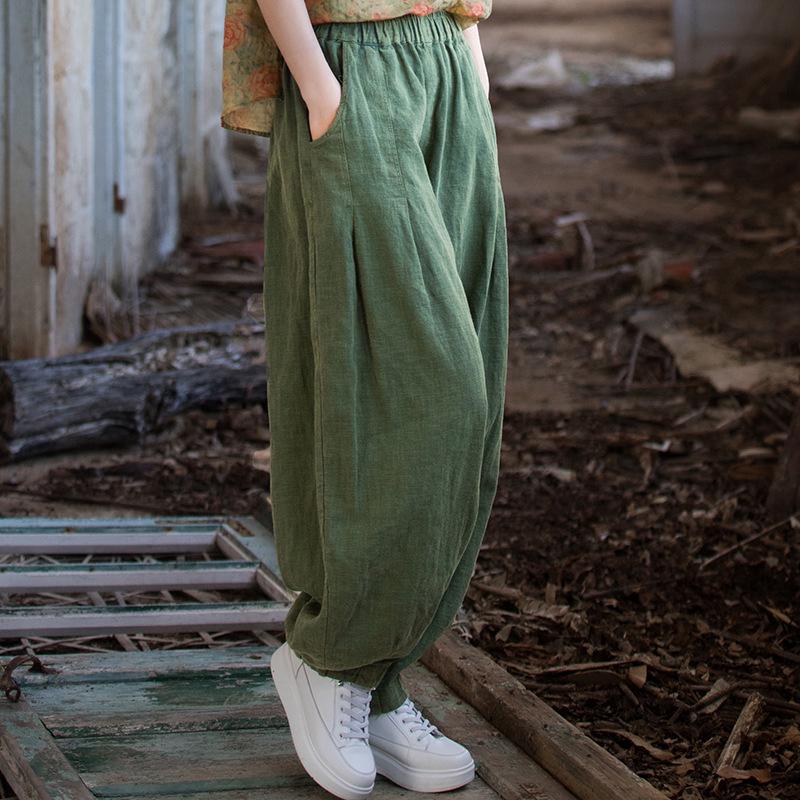 Ramie Distressed Cotton-Linen Women's Retro Lantern Pants