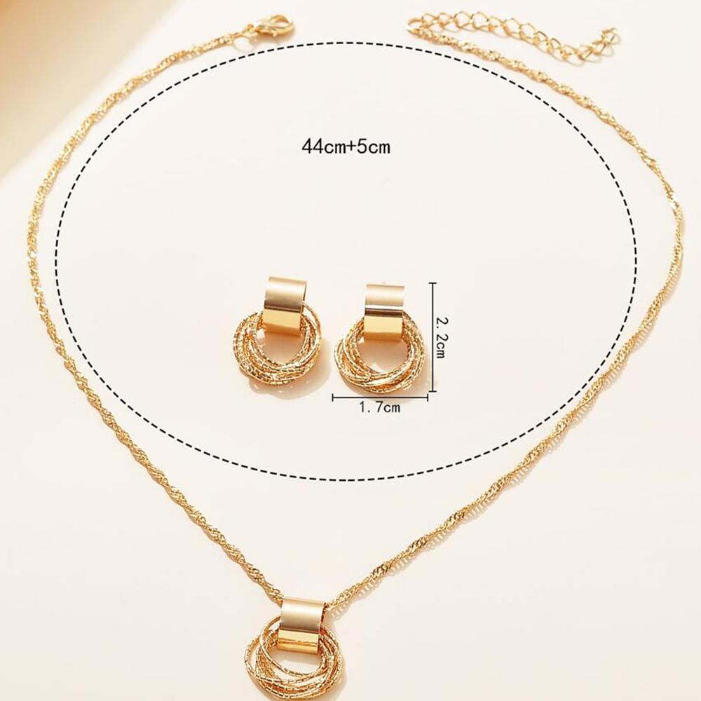 2 PCS Set Multiple Small Circle Pendant Earring Set Gold Plating Link Chain Wedding Party Jewelry Set Copper Color Stud Earring