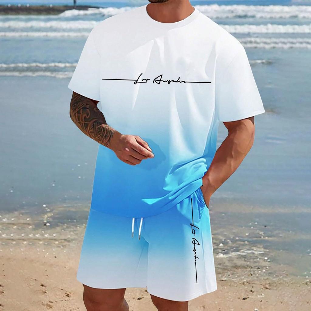 Men'S Solid Color Casual Round Neck Short Sleeved Shorts Two-Piece Set