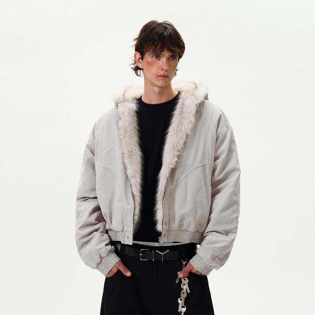 Deconstructed Panel American Retro Fur Collar Short Hooded Jacket