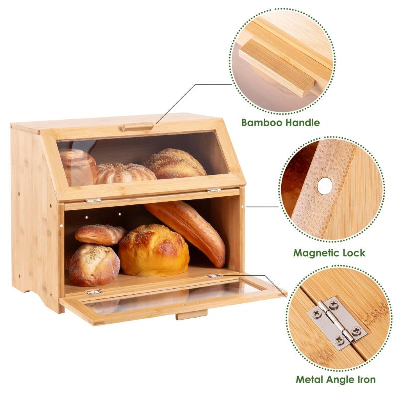 Boîte à pain en bambou à double compartiment et organisateurs de collations Portables pour le stockage de boulangerie et l'utilisation de fournitures de cuisine