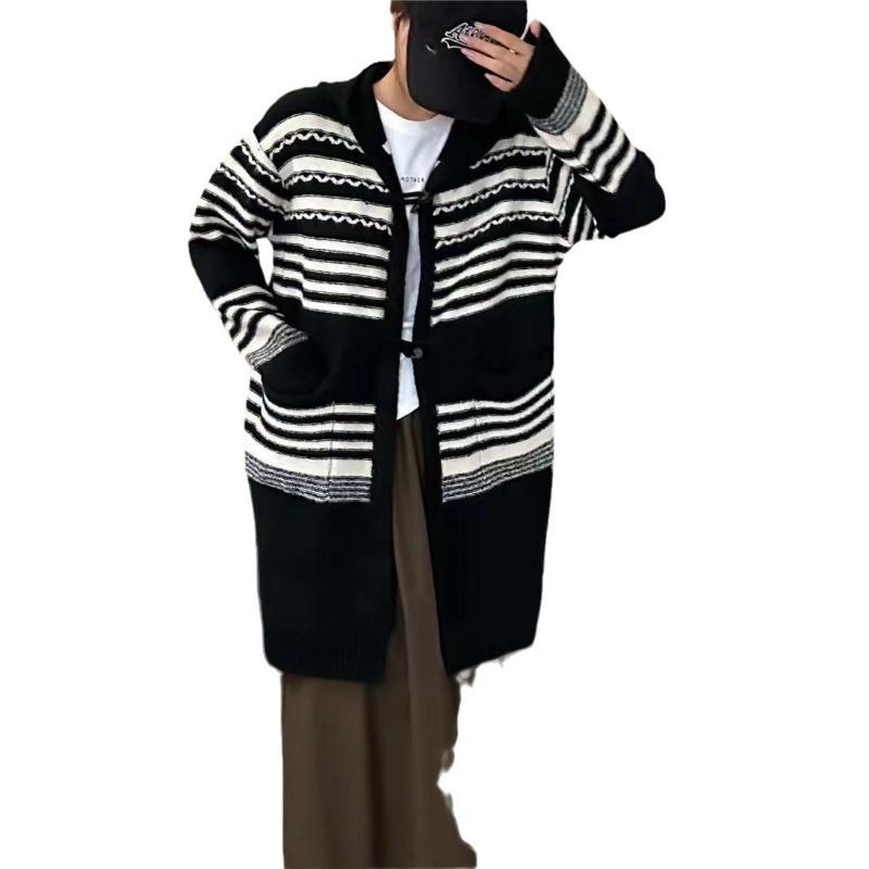 Spring and Autumn new retro loose knitted cardigan top women's striped lazy medium and long outer sweater