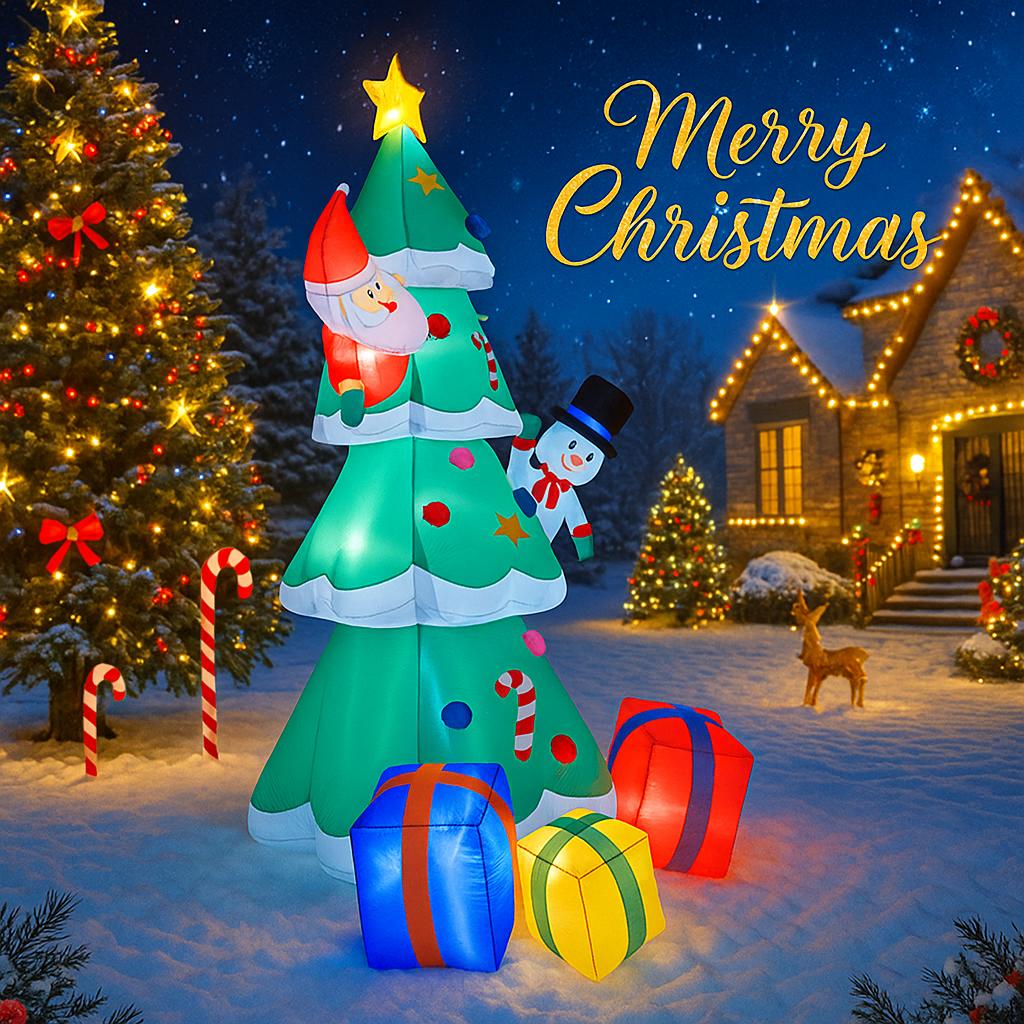 7.87FT Inflatable Toy Christmas Tree Decor Set Santa Snowman Gift Box Xmas Yard Ornament Supplies With LED Lit Xmas Festive Gift