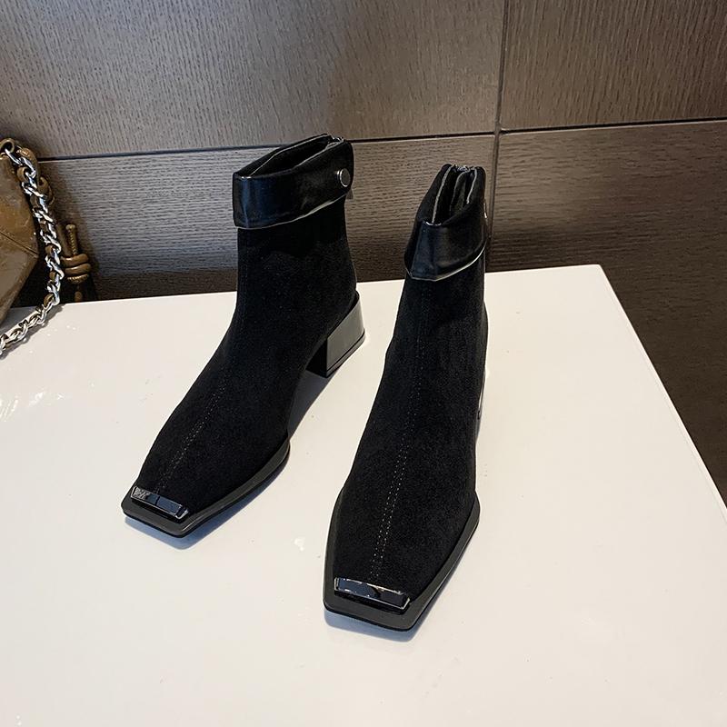 Fashion Women's Fashion Thick Heel Cotton Boots Winter New Square Head Suede Back Zipper Splicing Rivet Non-slip Short Boots