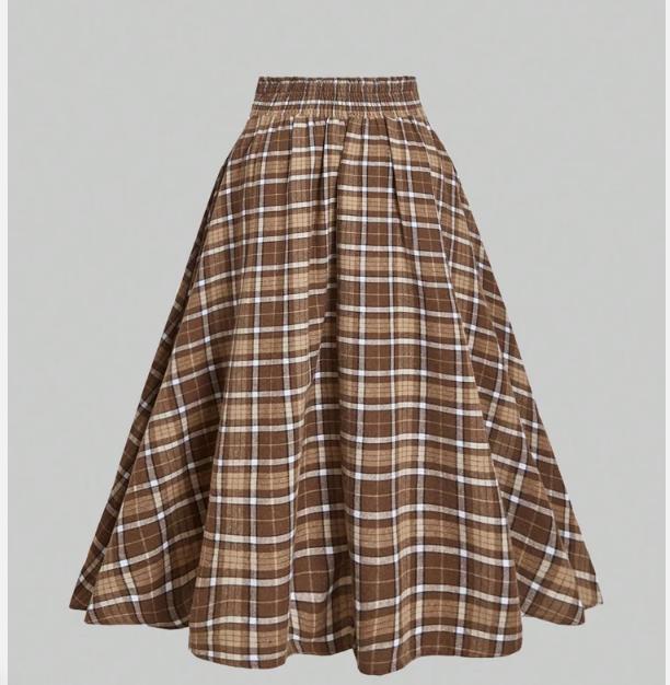 Falda Versátil de Talla Grande Vintage Artística a Cuadros Cepillados Línea A Media Pierna