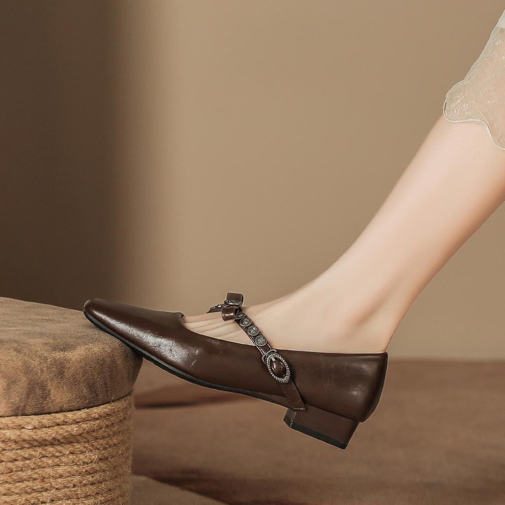 H8563-9 Single Shoes Women's Bow with Buckle Thick Heel Mary Jane Commuting Temperament Women's Shoes Square Head Retro