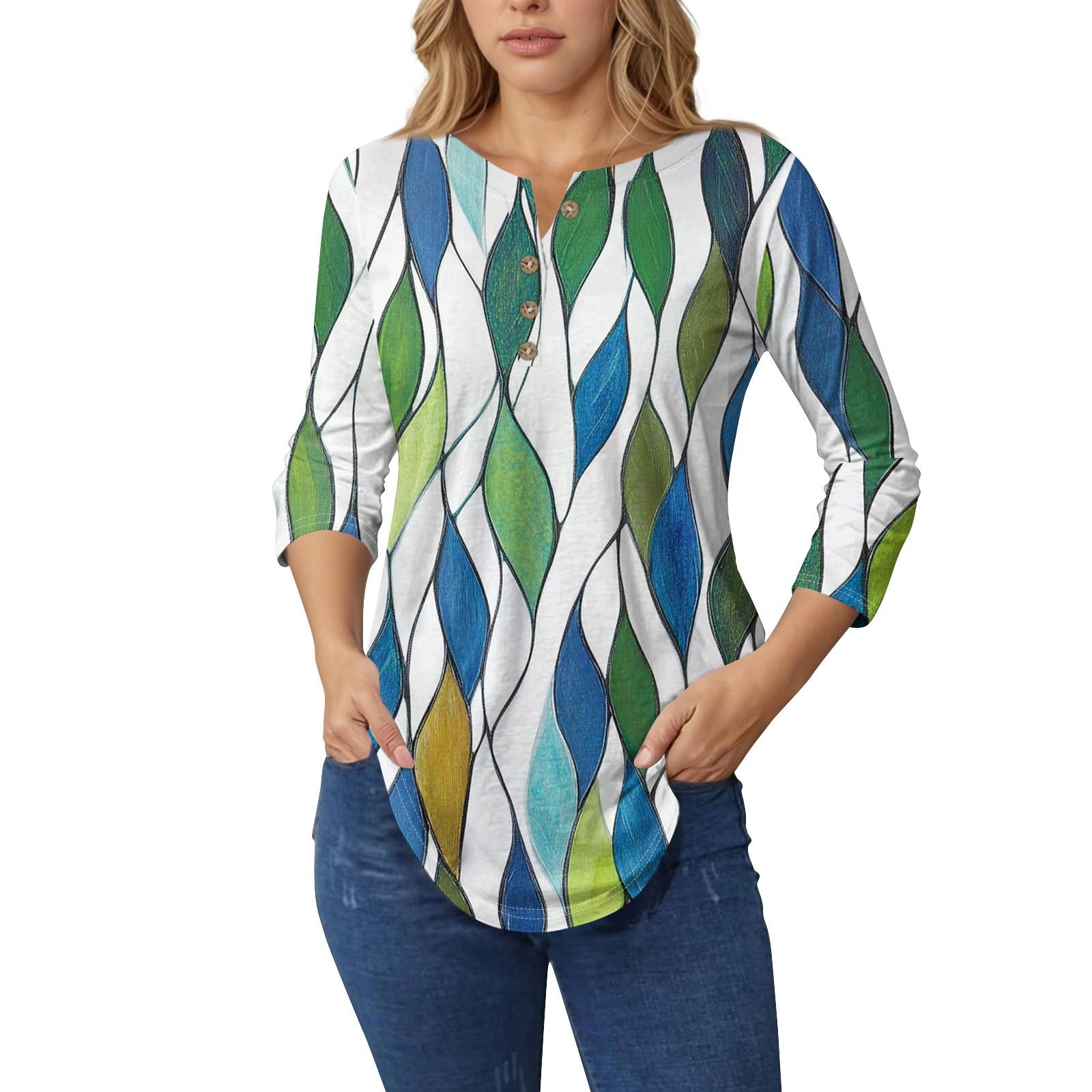 

Женские топы с рукавами 3/4, летние футболки с цветочным принтом и V-образным вырезом, повседневные базовые футболки с пуговицами, туники L зелёный