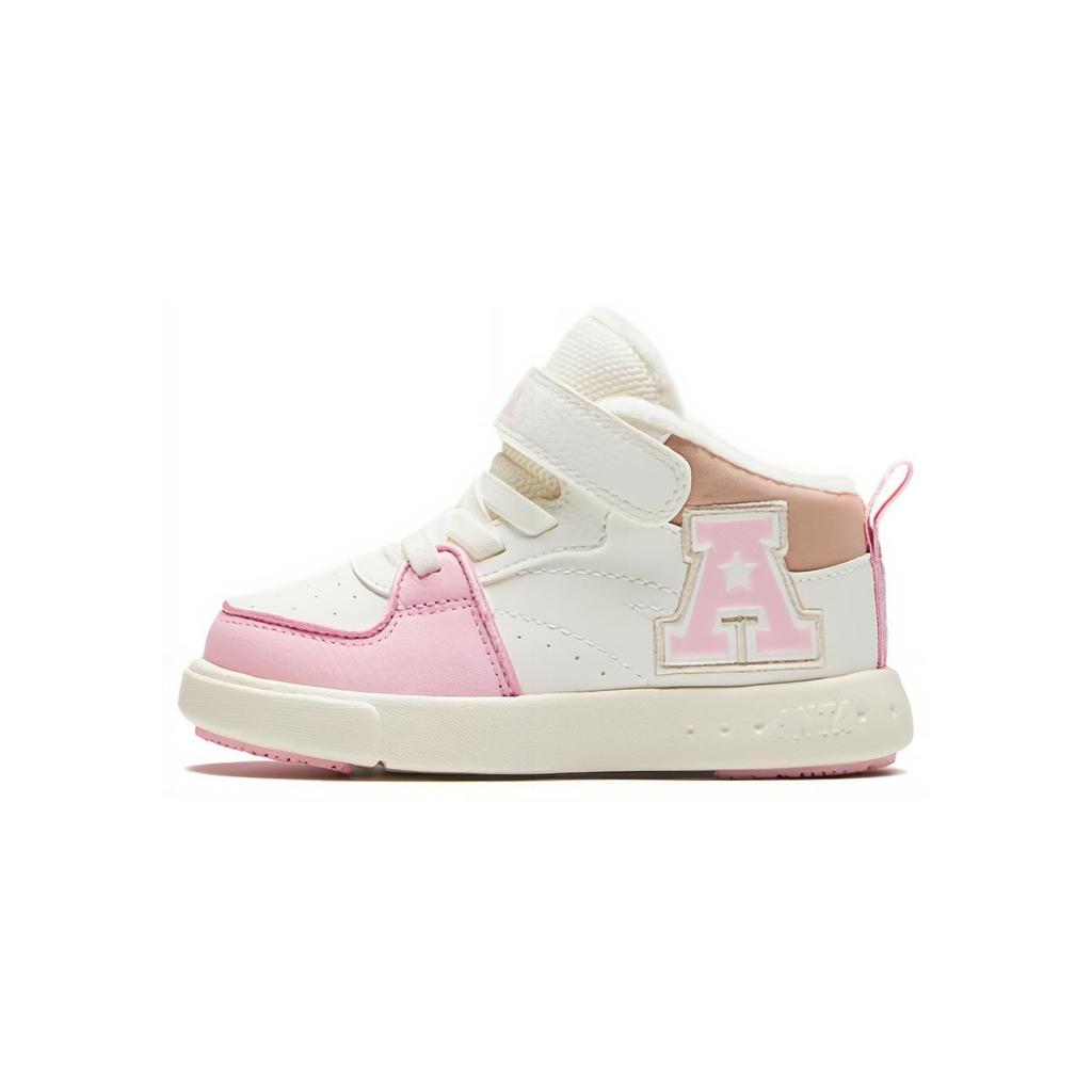 Anta Kids Round Toe Velcro Comfortable Versatile Shock Absorbing Durable Mid-Top Walking Shoes Baby Shoes White Pink 322340061-1
