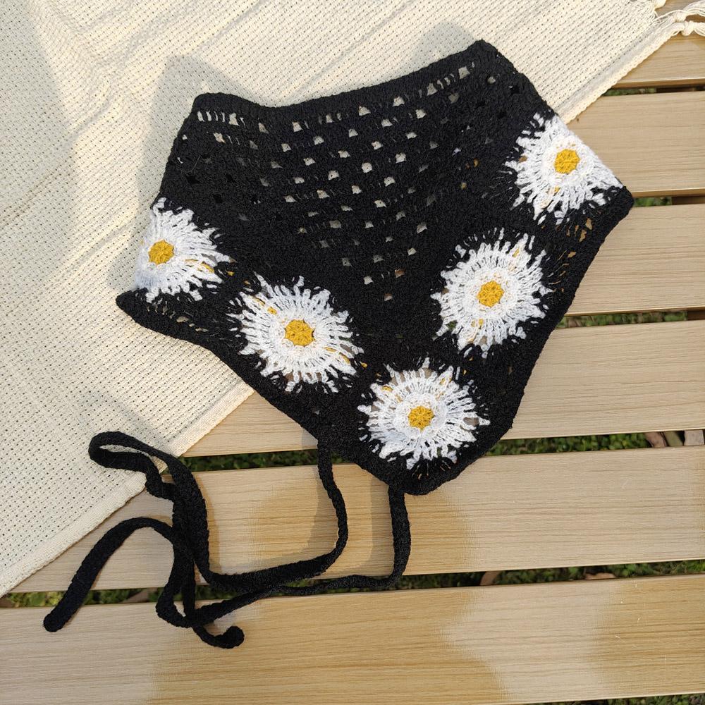 Retro Knitted Triangle Headband Handmade Crochet Hollow Floral Bandana French Sweet Hair Scarf Kerchief Korean Photo Headscarf