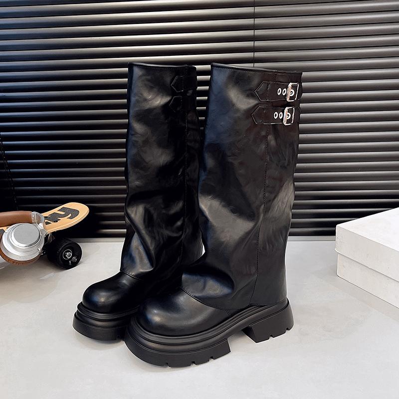 Women Knee High Knight Boots Platform Chunky Shoes 2025 Elegant New Winter Goth Pleated Woman Party Dress Botas Mujer