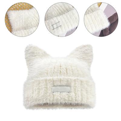 Cats Ear Pattern Hat Fluffy Knitted Hat Soft Warm Winter Autumn Hat with Letter