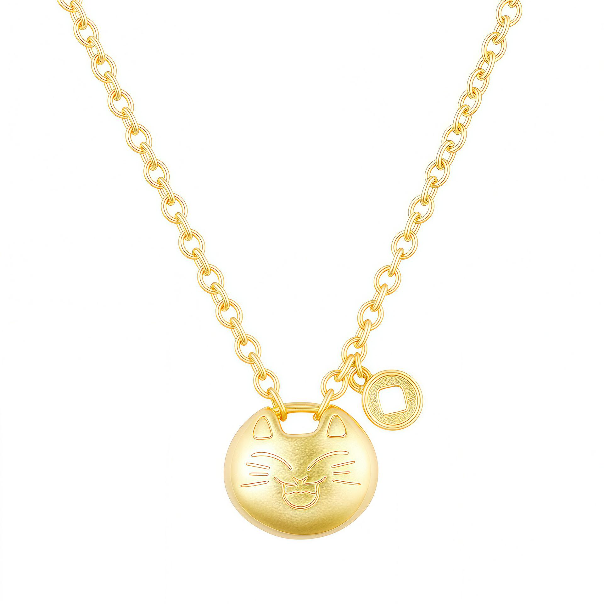 

Gold Lucky Cat Copper Coin Pendant Necklace - Women s National Style, Cute Design, New Chinese Sand Gold Pendant Copper Plated 18K Gold