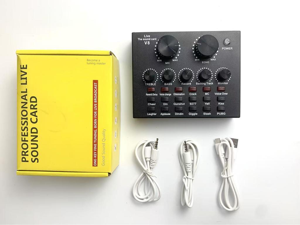 BM800 Condenser Microphone Set with V8 Sound Card, Boom Arm, and USB for Live Streaming and Mobile Use.