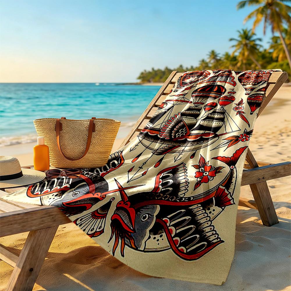 Tattoo Style Beach Towel Quick-Dry Soft Microfiber Comfortable Lightweight Suitable for Sports, Travel, Swimming, Yoga, Bathroom, Beach, And Pool