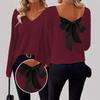 2025 Women's V-neck Solid Color Sweater: European & American Style, Autumn Long Sleeve, Casual Loose Fit with Bowknot