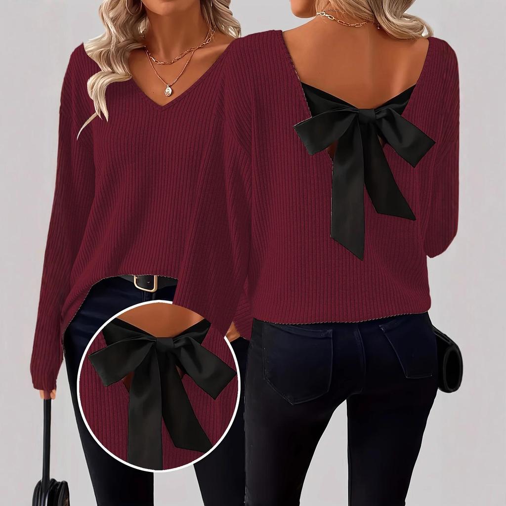 2025 Women's V-neck Solid Color Sweater: European & American Style, Autumn Long Sleeve, Casual Loose Fit with Bowknot
