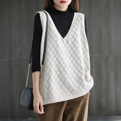 Jaro Podzim Ženy Vesta Pletený svetr Retro Výstřih do V Volný Jednobarevný svetr bez rukávů Vyhloubený kosočtverec Textura Denní nošení Top