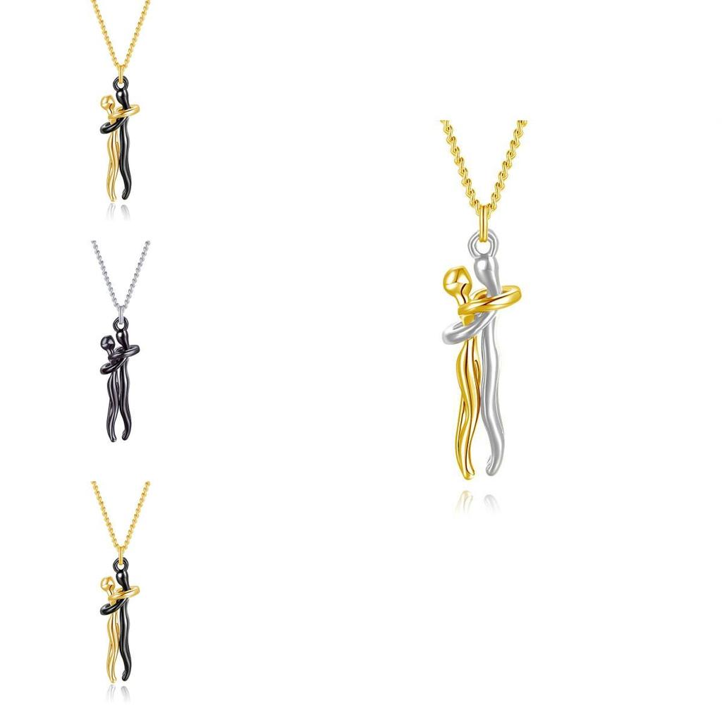 Romantic Couple Embrace Necklace Geometric Design 925 Silver Pendant Necklace