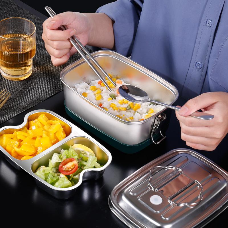304 Edelstahl Lunchbox, Große Kapazität, Lebensmittelqualität, Rechteckig, Vertieft und Verdickt, Unterteilte Fächer, Mit Deckel