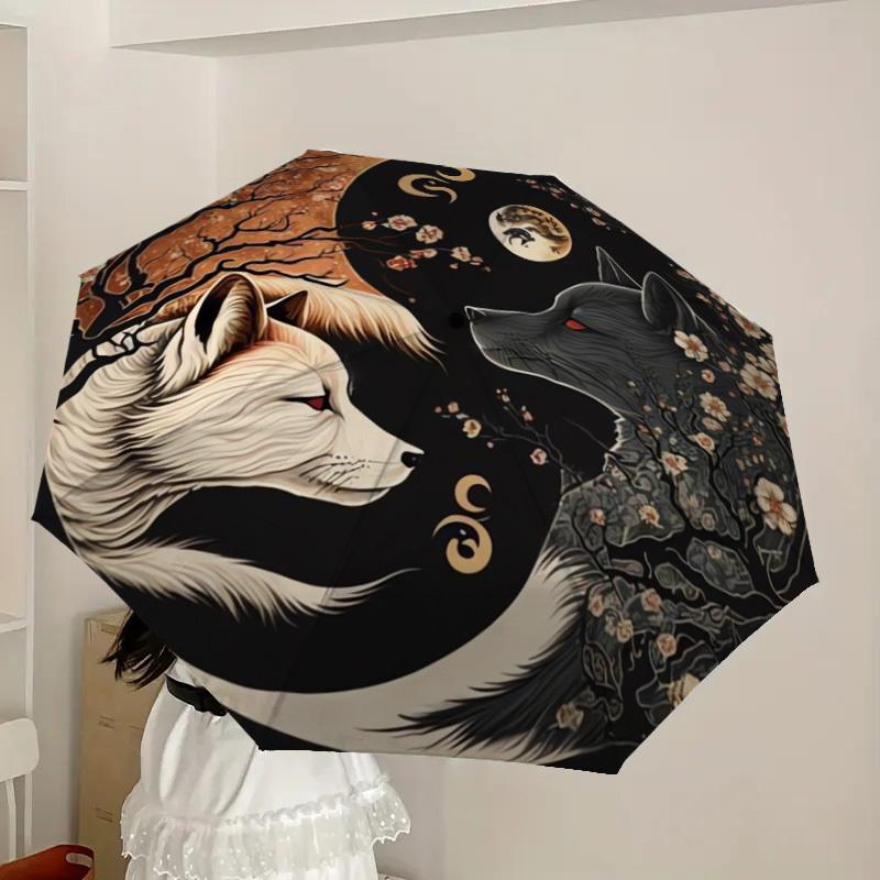 1pc Yin-Yang Wolves Blossoms Moon Umbrella with Plastic Handle,Suitable for All Seasons Home Travel Outdoor UmbrellaDD972