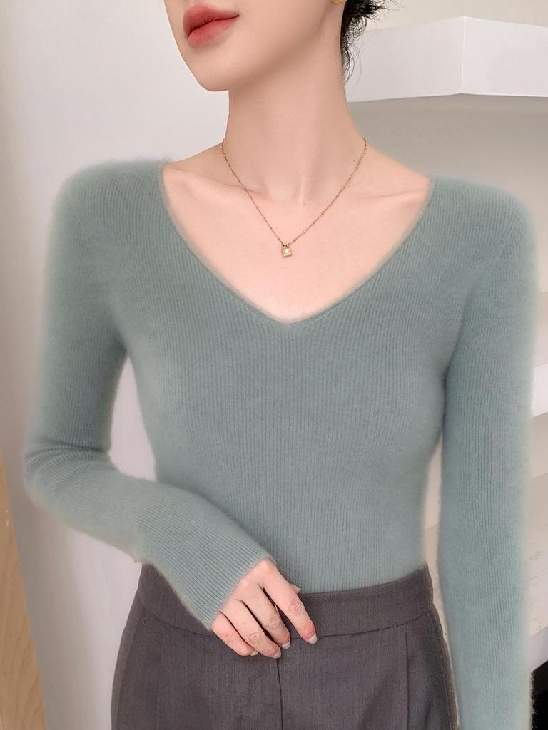 Women's V-Neck Cashmere Sweater - Loose Fit, Solid Color, Autumn/Winter Style