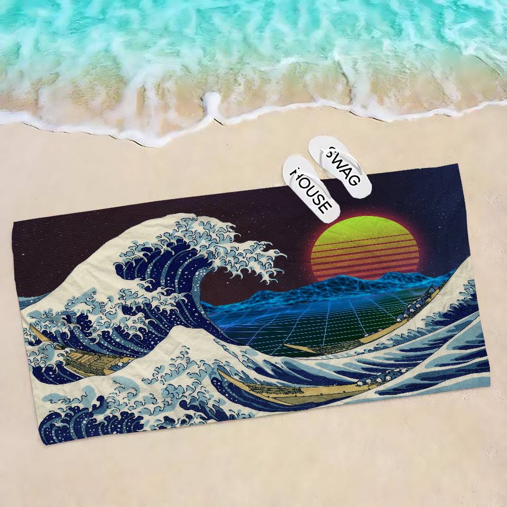 Japanese Wave Art Bath Towel Microfiber Soft Water Absorbing Breathable For Girl Kids Decorative Cartoon Beach Towel