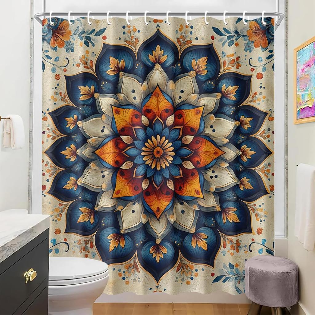 Mandala Shower Curtain Boho Bathroom Decor Vintage Floral Tapestry Pattern Curtain Hippie Indian Aesthetic Blue Orange Beige