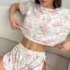 Women's Cotton-Blend Printed Fashionable Short-Sleeve Slacks with Side Slits—Two-Piece Loungewear Set for Women