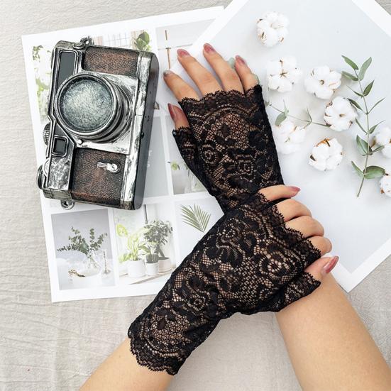 1 Pair Gloves Half Fingers Lace See-through Hollow Out Flower Embroidery Solid Color Elastic Bride Wedding Prom Party Decorative Gloves
