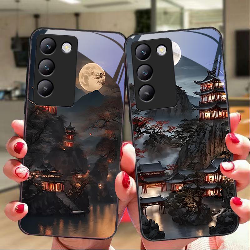 Gebäude im alten Stil für Y72 33S 11 03 36 96 Lite 35 16 Iqoo 12 V40 SE 5G 29 40 21 30 X80 Pro Vivo Handyhülle aus gehärtetem Glas Schwarz