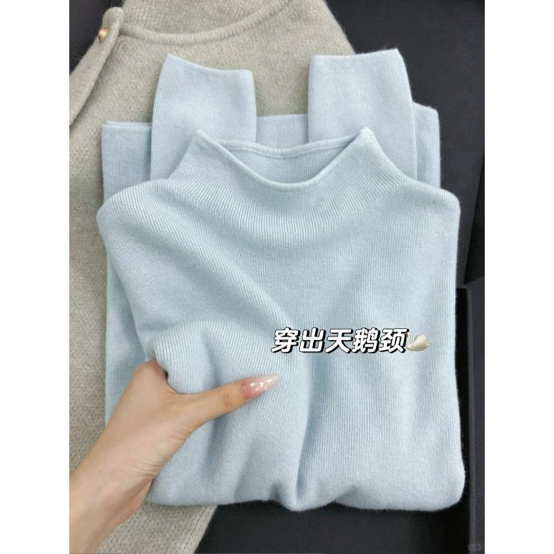 Tender yellow soft waxy semi-turtleneck knitted sweater women's autumn and winter stacked wear inner top versatile bottom long sleeve