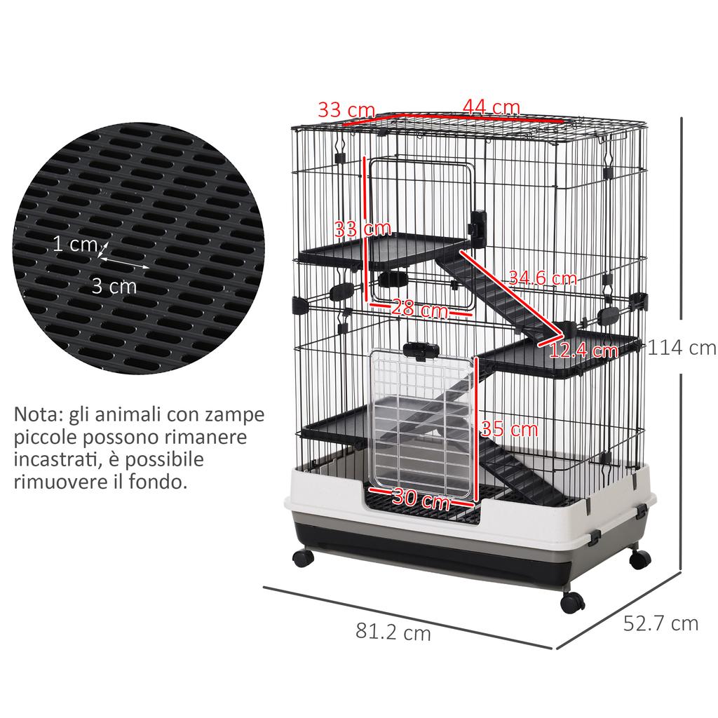 3-Tier Metal Cage with Tray for Rodents, Rabbits and Ferrets with 4 Wheels, 81.2x52.7x114cm, Black