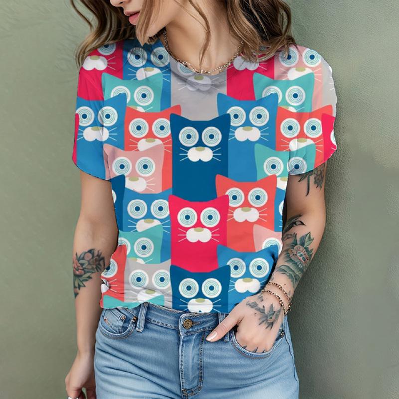 2024 New Fashion Women's T Shirt Cute Cat Printed Short Sleeve Round Neck Fun Pattern T Shirt Summer Home Casual Women's Tops