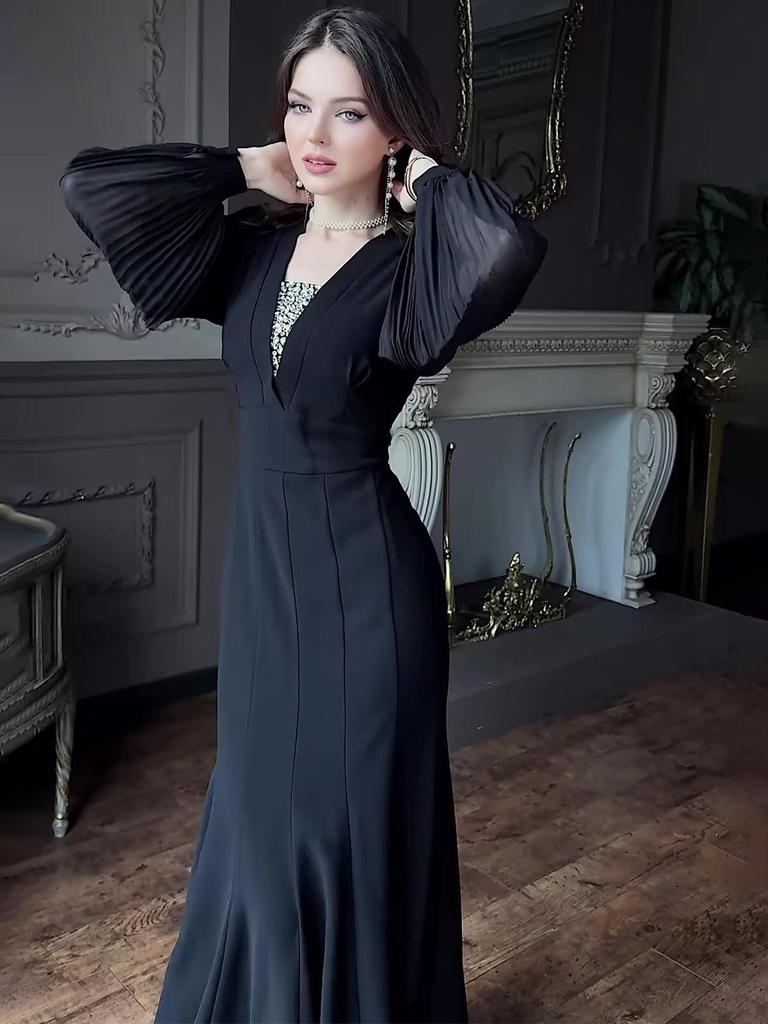 Retro-Langarmkleid Frühjahr 2025 - Damen Elegantes Europäisches und Amerikanisches Styling