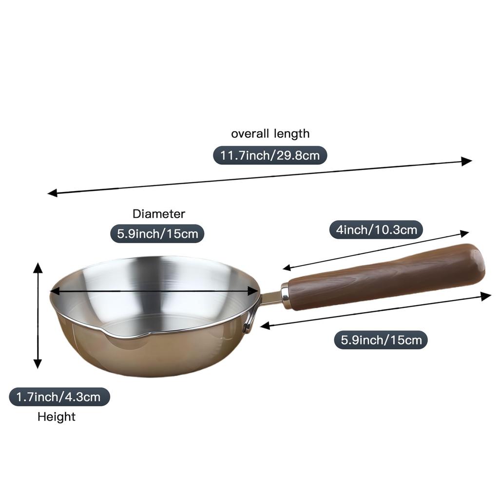IMEEA Mini Frying Pan 15cm SUS304 Stainless Steel IH Compatible with Spout and Wooden Handle Perfect for Single Serving or Lunch Boxes (Walnut) -