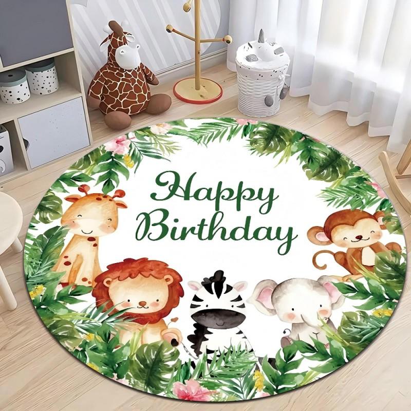 Okrągły dywan z nadrukiem zwierząt z dżungli Safari, Miękki dywanik podłogowy z chenille'u antypoślizgowy dla dzieci do sypialni, salonu, pokoju dziecięcego, dywan do dekoracji domu