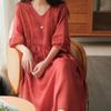 Cotton Linen Dress Women Summer Lace Oversize Swing Skirt Thin Short-sleeved Solid Color Dress Long Skirt