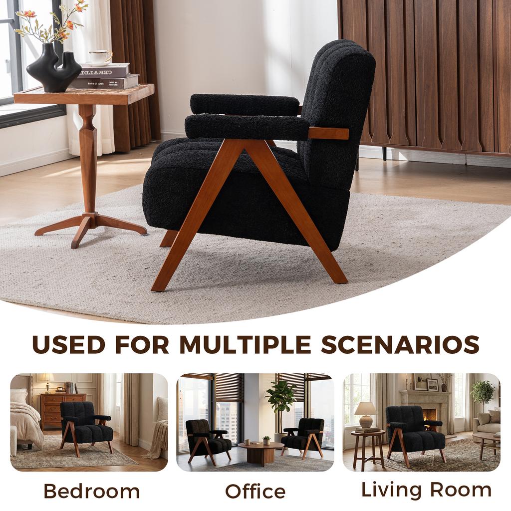 Bouclé Accent Seating with Wooden Frame, Armchair for Living Room, Bedroom, Black