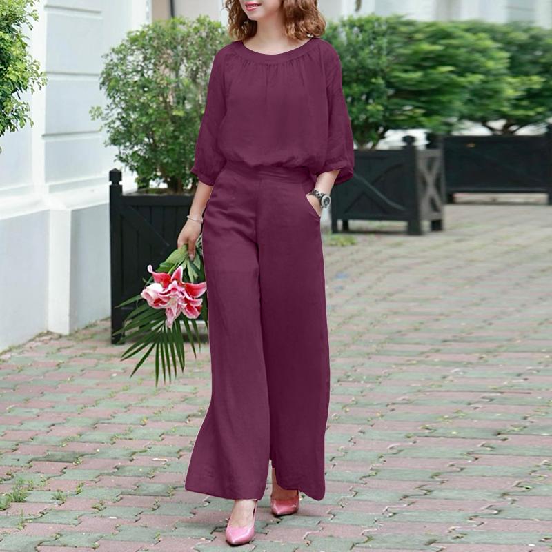 

ZANZEA Женская блузка с длинным рукавом и брюки повседневный комплект из двух частей 2XL кларет