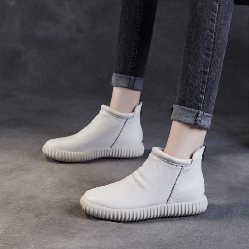 Johnature Genuine Leather Ankle Boots Casual Versatile Solid Color Soft Soled Flat Short Boots Women's Shoes