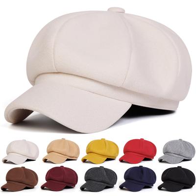Chapeau Octogonal en Laine de Couleur Unie Unisexe Chapeaux Chauds d'Extérieur Hiver Décontracté Béret Casquette Chapeaux à la Mode