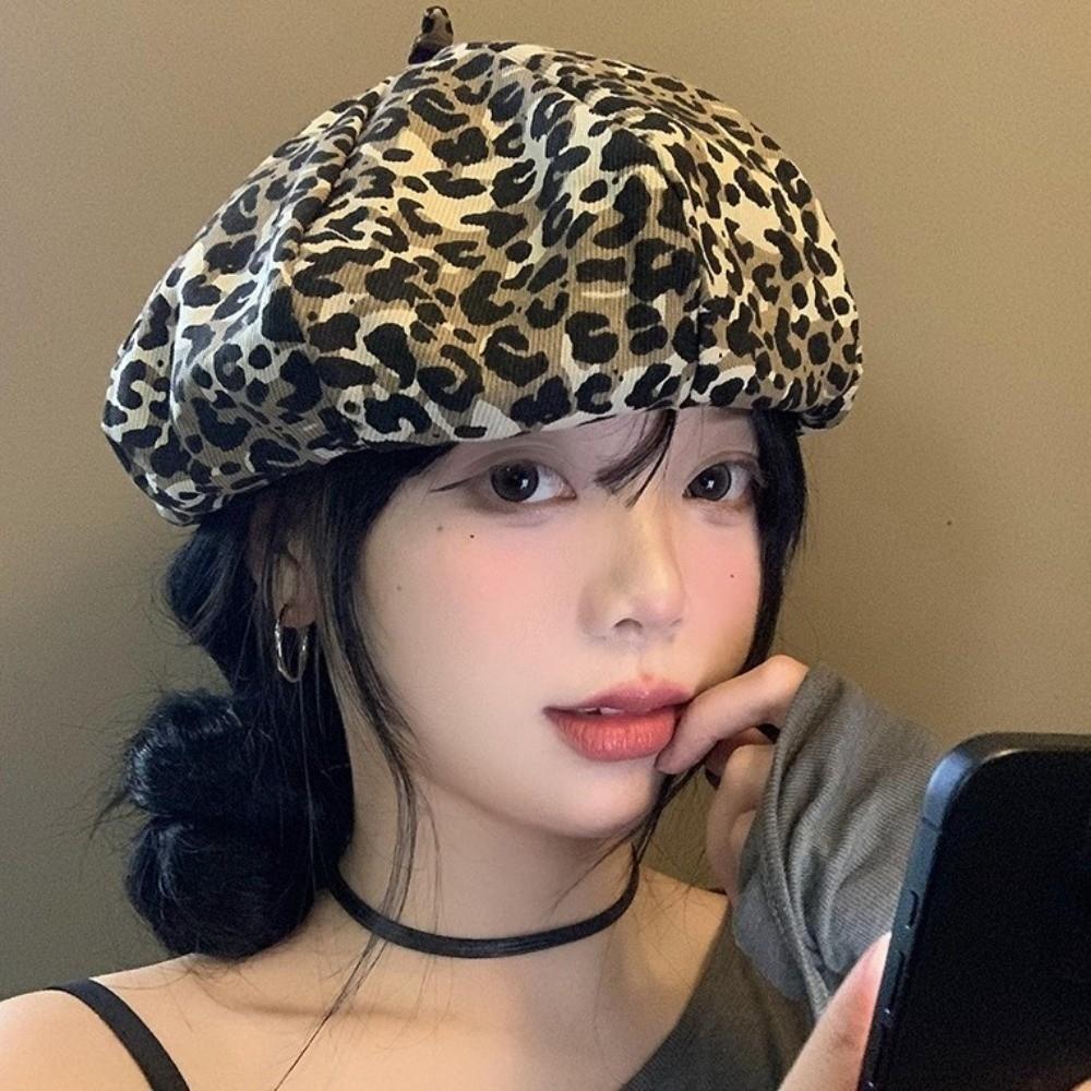 Classic Leopard Print Beret Y2K Painter Hat Cool Octagonal Cap  Women