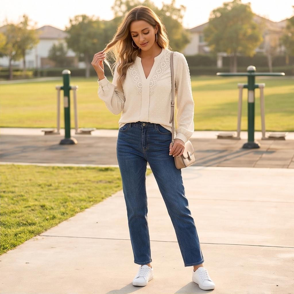 Women's Casual Long Sleeve V-Neck Blouse with Lace Trim, Color