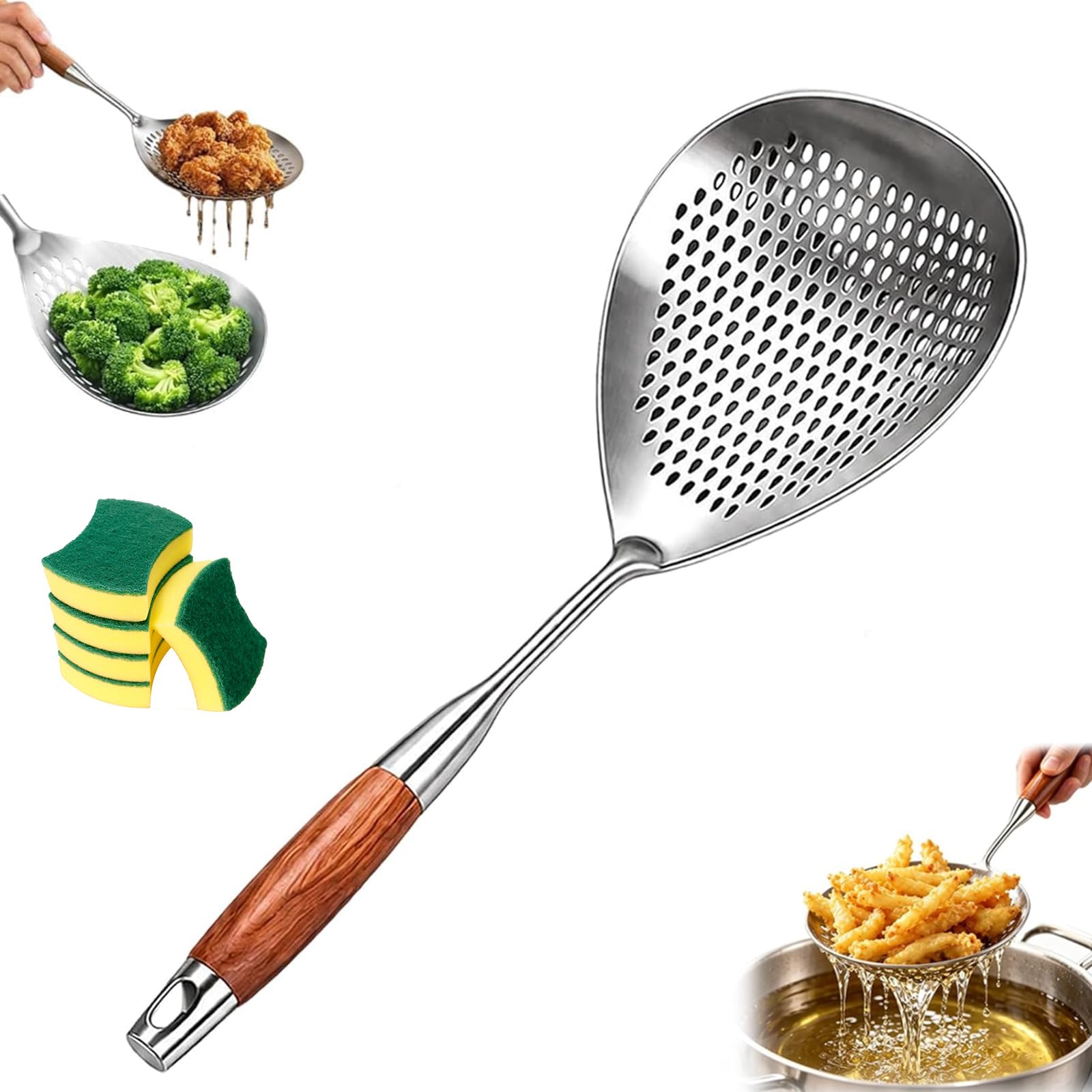 Wooden Handle Stainless Steel Skimmer, Fryer Skimmer Spoons with Heat-Resistant Long Handle, Rapid Oil Draining, Pasta & Kitchen Cooking (1pcs) Pack of 1