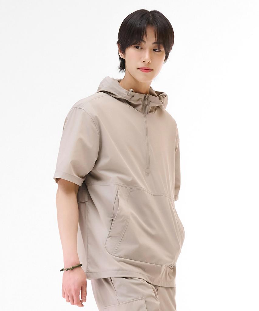 CHASECULT Unisex Cool Stretch Hooded Short Sleeve Anorak T-Shirt - Beige