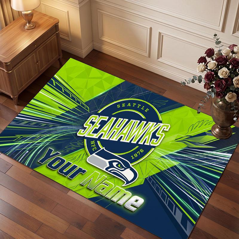 Seattle Seahawks Personalisierter Kristall-Samt-Teppich, Benutzerdefinierter Namens-Text Weicher Anti-Rutsch-Teppich für Wohnzimmer Schlafzimmer