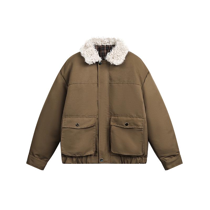 

Unisex Vintage Fluffy Lapel Cotton Jacket - Thick Warm Coat for Men & Women M коричневий