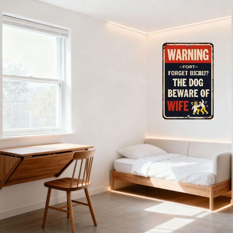 Vintage Style 'Beware of Wife' Humorous Warning Metal Tin Sign with Rusty Look, Funny Dog Themed Home Bar Man Cave Decor