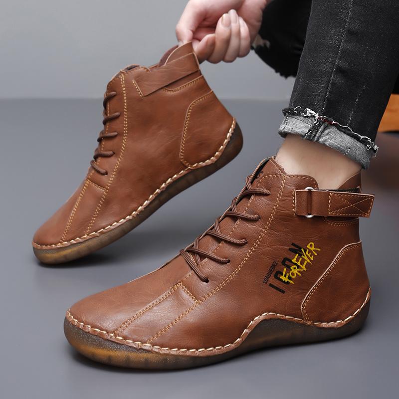 Men Handmade Leather Shoes Casual Hiking Boots Outdoor Black High Top Wide Palm Driving Shoes Large Size